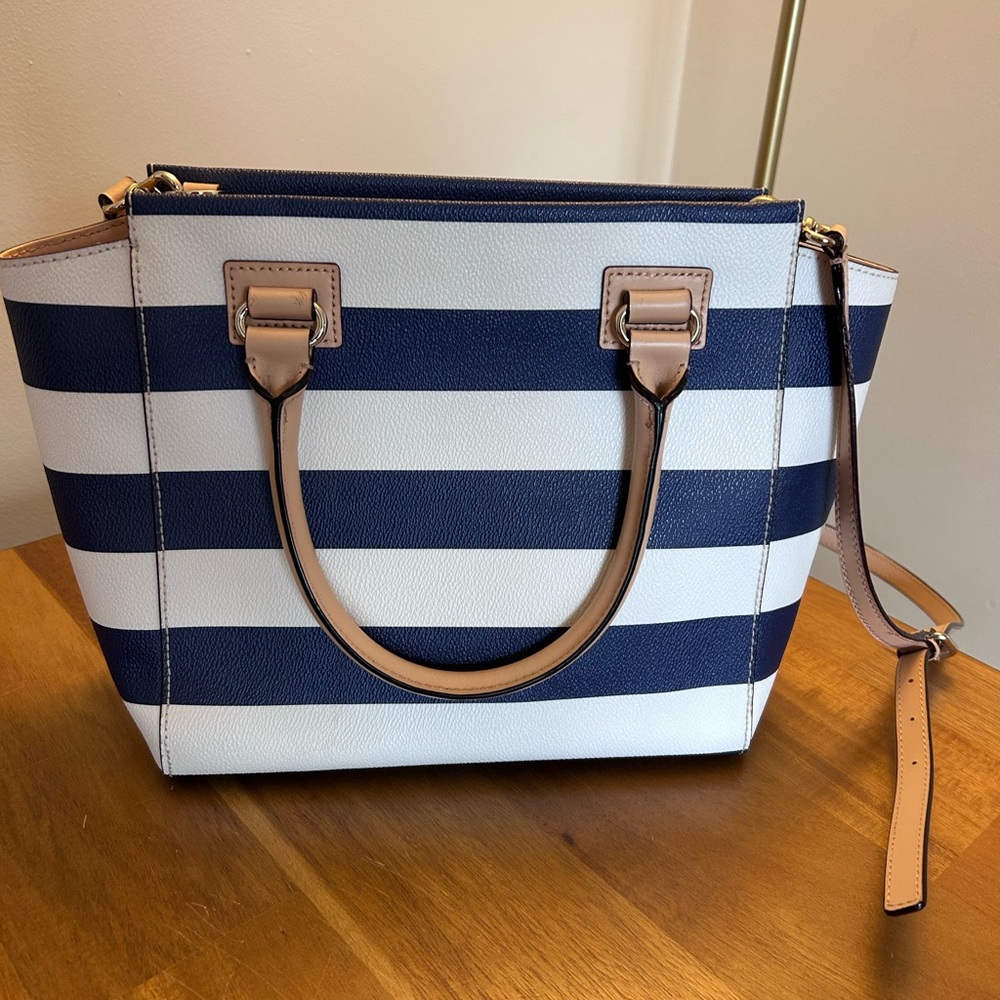 kate spade Navy and White Stripe Satchel with tan trim - Picture 2 of 4